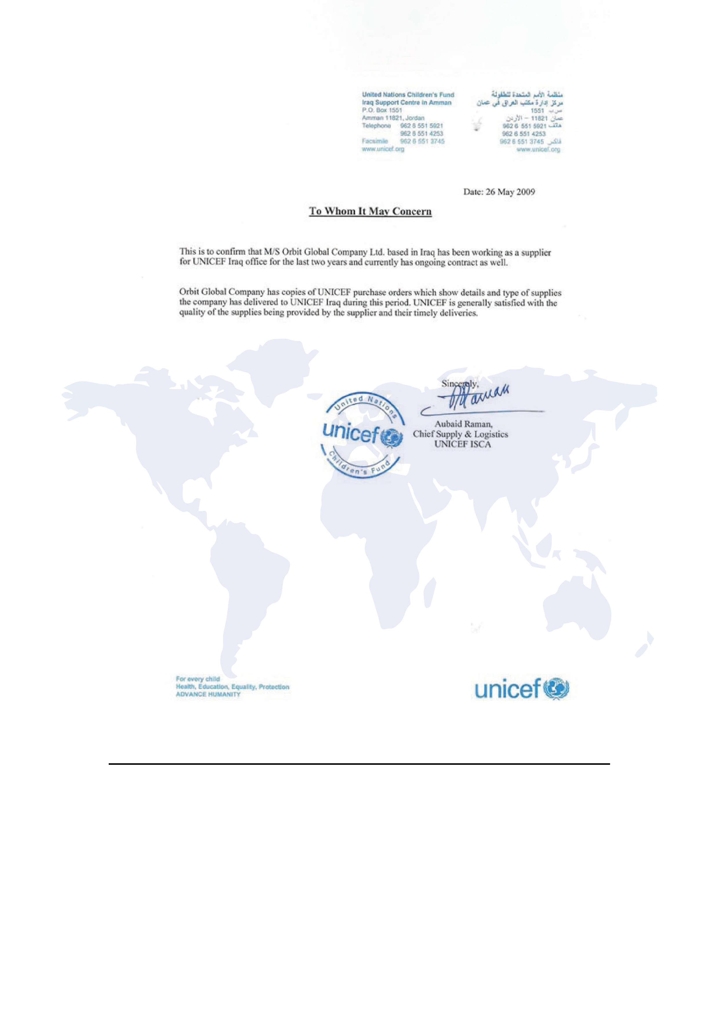 UNICEF recommendation letter for Orbit Global