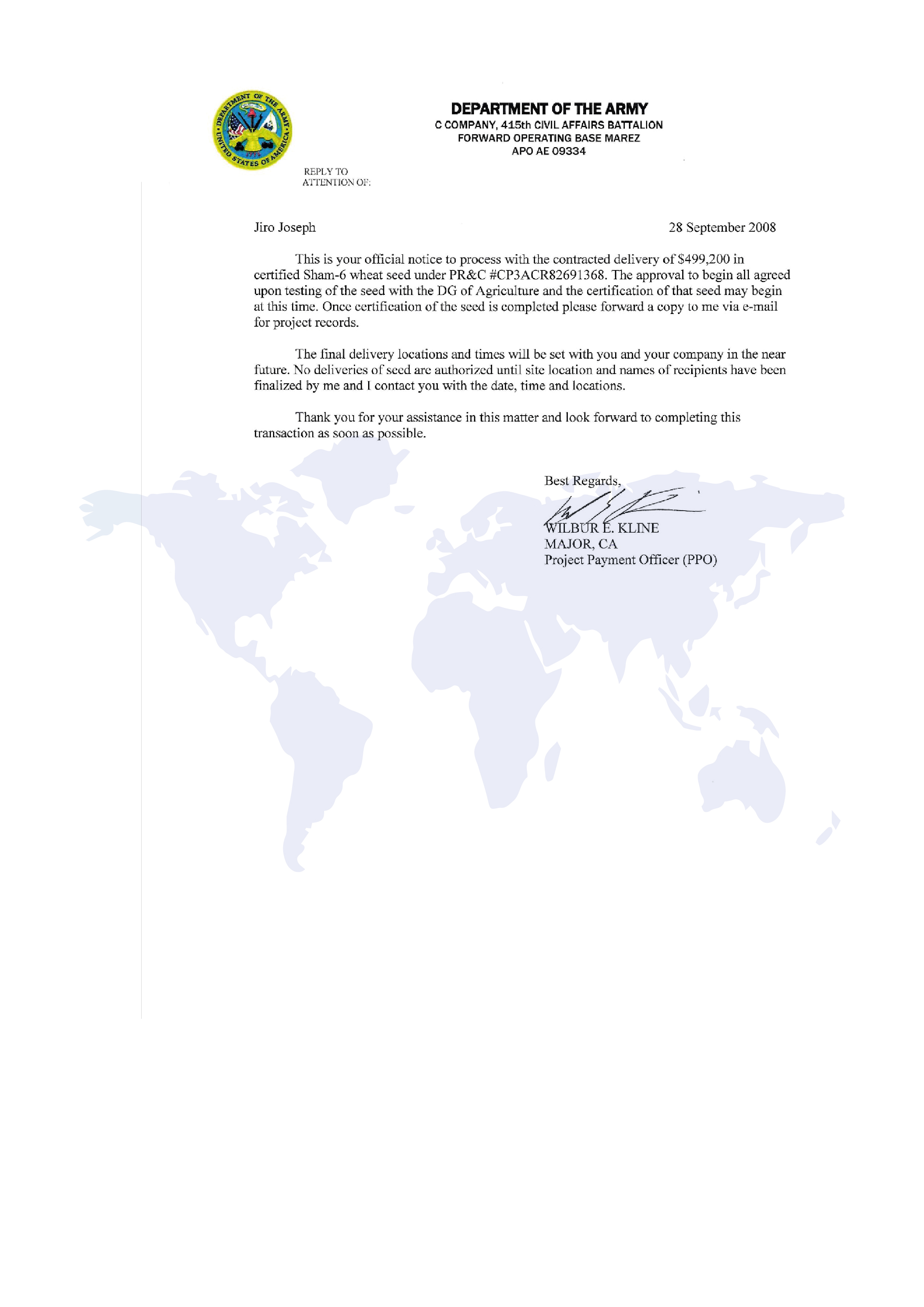 Department of the Army recommendation letter for Orbit Global