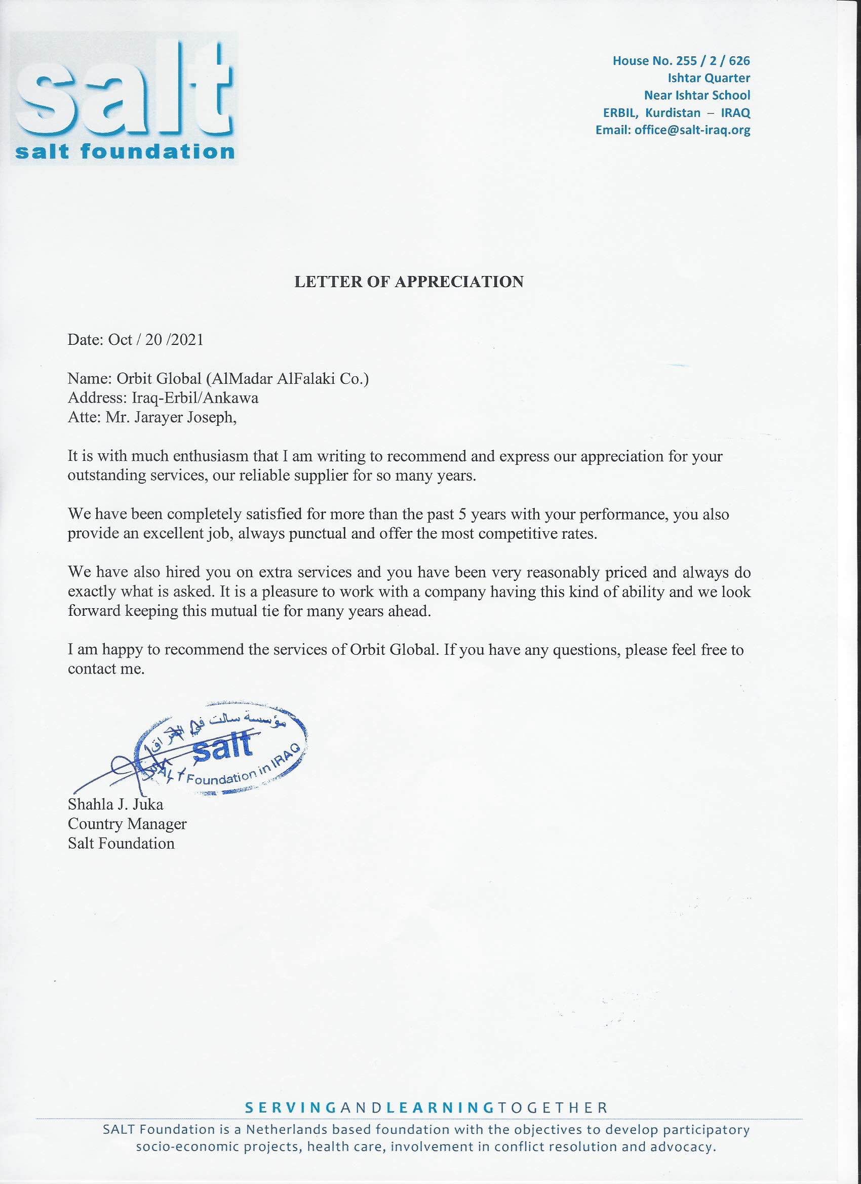 Recommendation letter 06 for Orbit Global